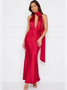 Femme Fatale Red Plunging Satin Maxi Dress